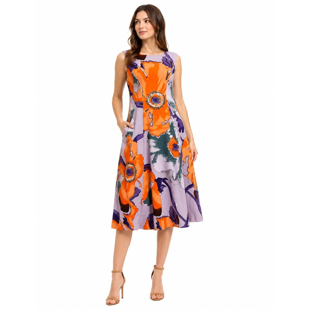 J. Peterman Midi A Line Dress Women 6 Multicolor Floral Trapeze & Swing Back Zip